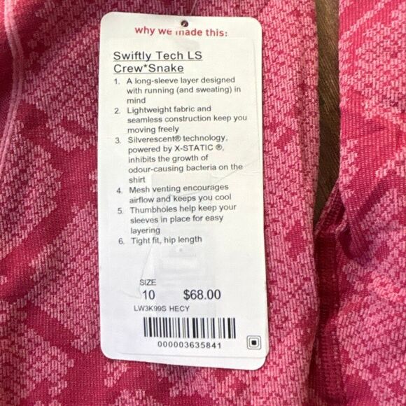 NWT lululemon Swiftly Tech L/S crew snake Pink/Cranberry thumbholes Sz 10 - Picture 8 of 13